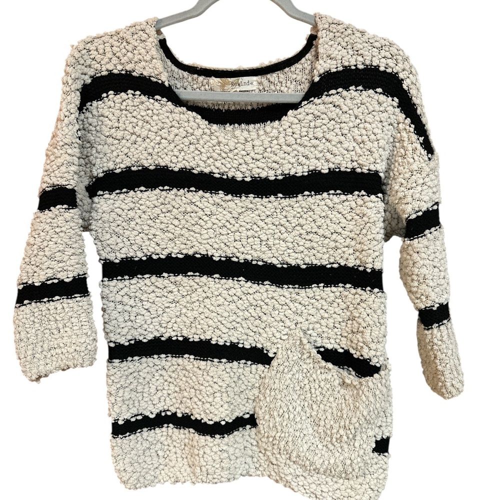 Rewind Lagenlook Chord 3-4 Sleeve Slouch Pocket Ivory & Black Striped Sweater XS